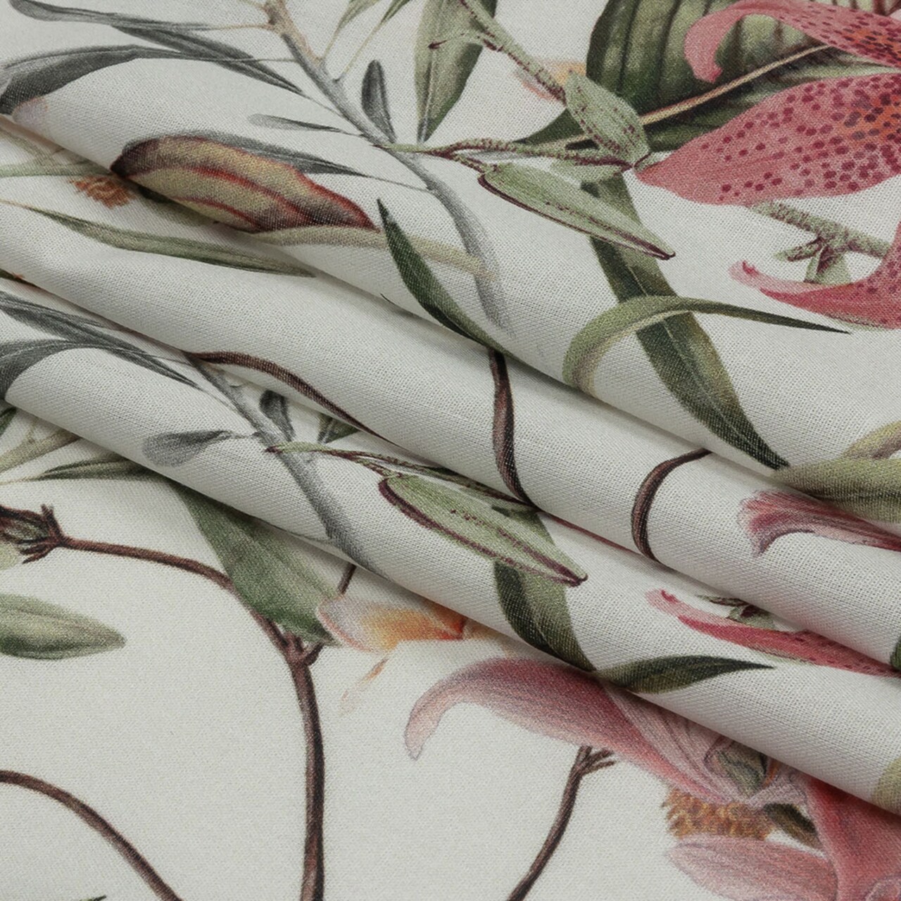 1 Yard Green Pink and White Mercerized Organic Cotton Voile Tropical Flower Fabric